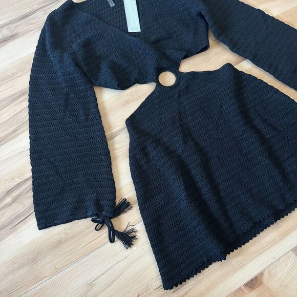 Devon Windsor Crochet‎ Knit Fallon Cut Out Long Sleeve Mini Dress Black Sz Large - Picture 3 of 7